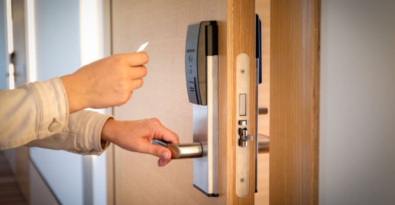 Opening a hotel door with keyless entry card